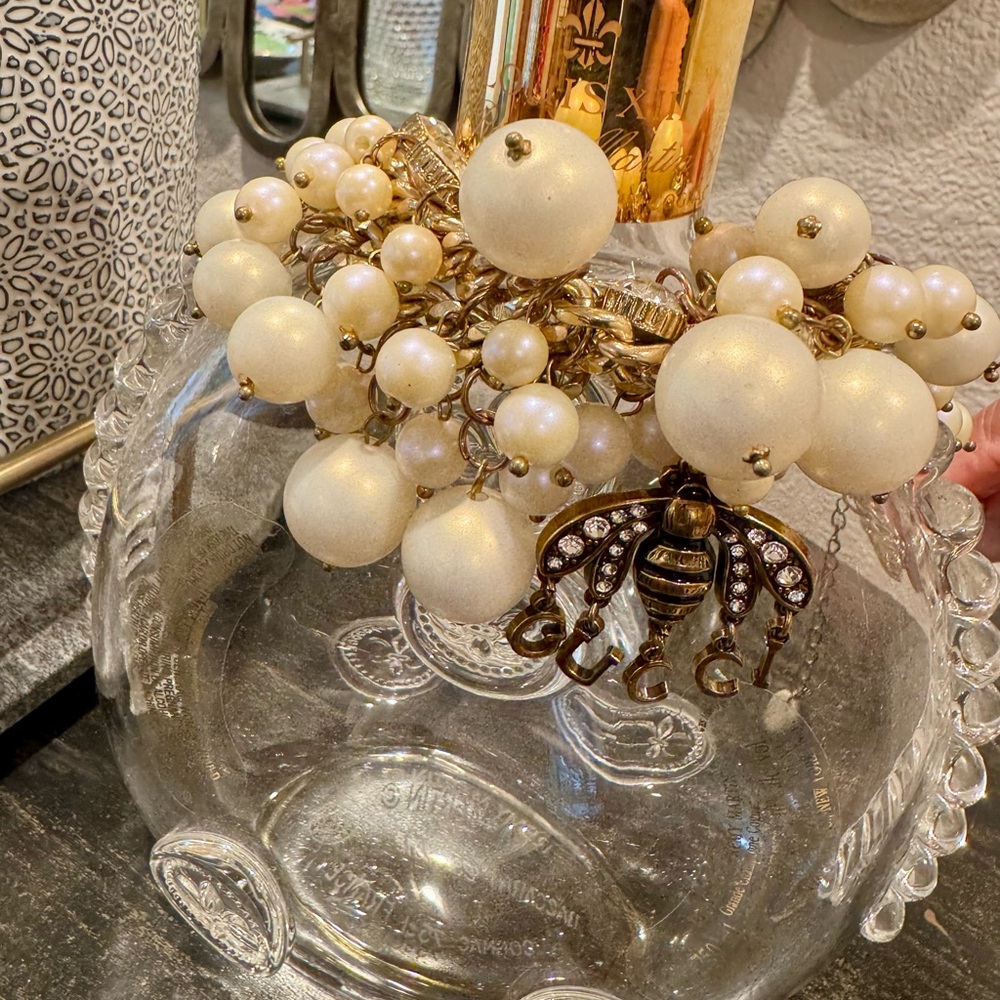 Gold and Cream Pearl Necklace with Upcycled Gucci Charm